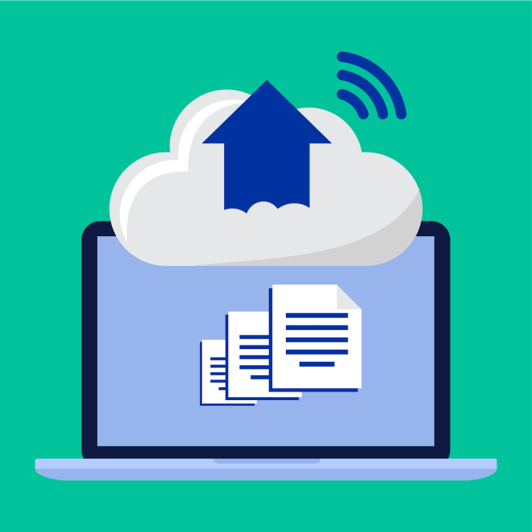 Dokument och data laddas upp till molnet fr&aring;n en laptop