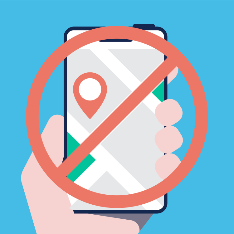 R&ouml;d cirkel med ett streck &ouml;ver en hand som h&aring;ller en mobil med en platsmark&ouml;r p&aring; sk&auml;rmen 